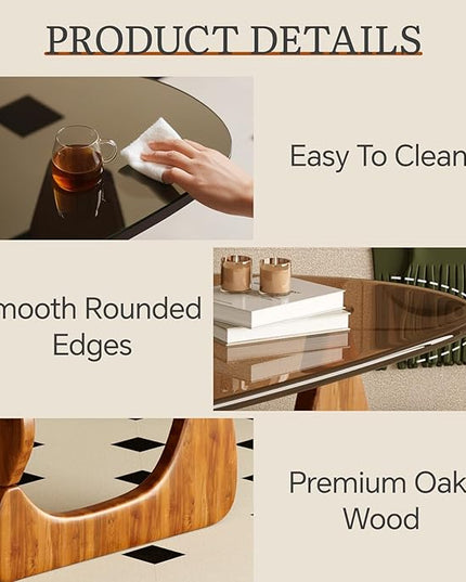 Coffee Table for Living Room Mid Century Modern Center Table with Glass Top and Wood, Brown/Walnut
