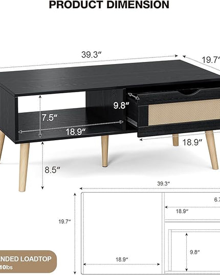 Wood Coffee Table with Storage, Boho Dining Table with Sliding Rattan Door Panel and Solid Wood Legs, Small Coffee Tables for Living Room, Black
