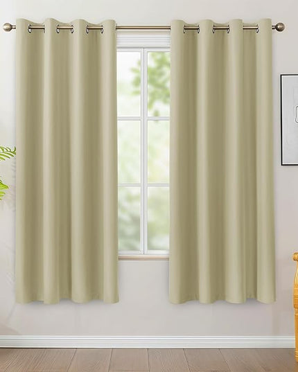 BONZER 100% Blackout Curtains 4 Panels - Thermal Insulated Light Blocking Window Drapes 63 Inch Length, Single Layer Grommet Curtain with Black Laminated Backing for Bedroom/Living Room, Beige
