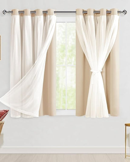 Hiasan Blackout Curtains with Sheer Overlay, Grommet Thermal Insulated Privacy Mix and Match Double Layer Window Curtains for Girls Bedroom, Living Room, 2 Drape Panels with Tiebacks, Beige, 52W X 54L