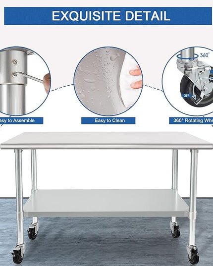 HARDURA Stainless Steel Table with Wheels 30 x 48 Inches Casters NSF Heavy Duty Commercial Work & Prep Table with Undershelf and Galvanized Legs for Restaurant Kitchen Bar and Hotel Garage