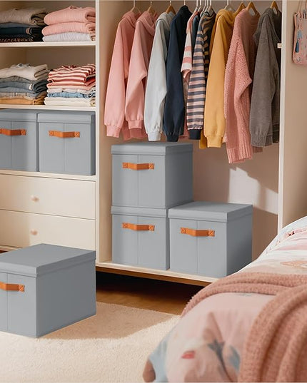 Storage Bins with Lids - Fabric Storage Baskets for Shelves, 4 Pack Foldable Decorative Boxes with Handles, Stackable Organizer Bins for Home, Nursery, Dorm, Grey