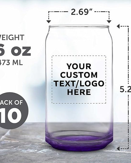 Custom Beer Can Glasses Set of 10, 16 oz. Pint Sized, Promotional Text, Logo, Soda Can Shape, Glassware, Purple