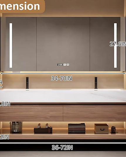 Luxury Bathroom Vanities, Defogging LED Lighted Mirror, Bathroom Cabinet with Solid Wood & Double Integrated Sink, Bathroom Vanity (Light Brown, 76'')