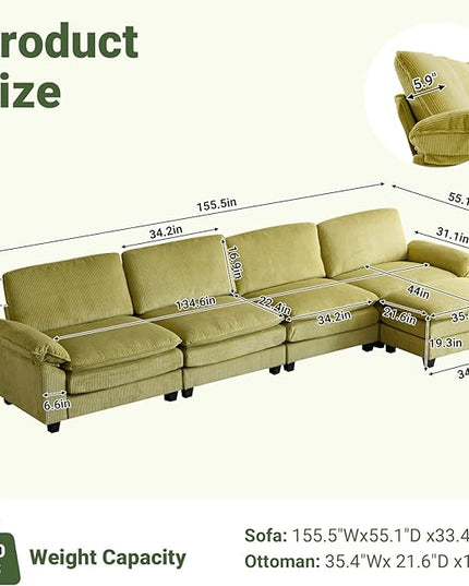 VINGLI 156" Cloud Corduroy Sectional Sofa, Comfy L-Shaped Extra Deep Seat Sofa Couch for Living Room,Modern 4-Seat Convertible Loveseat Sofa with Ottoman for Small Space(Olive Green)