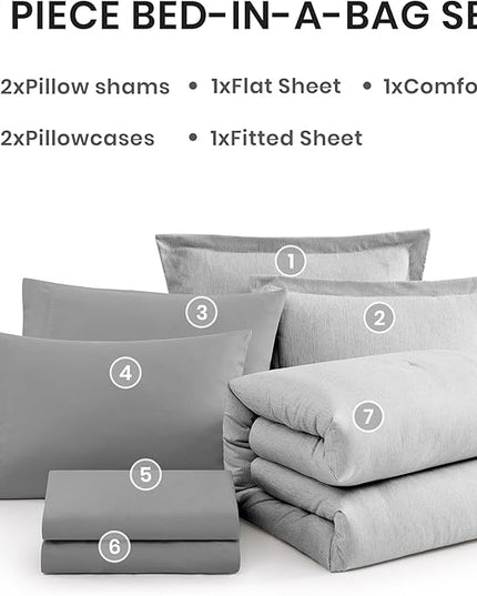 Monbix Queen Comforter Set - 7 Pieces Cationic Dyeing Light Grey Bed in a Bag Queen Bedding Sets with Comforter, Sheets, Pillowcases & Shams, Reversible Bedding Comforters Sets