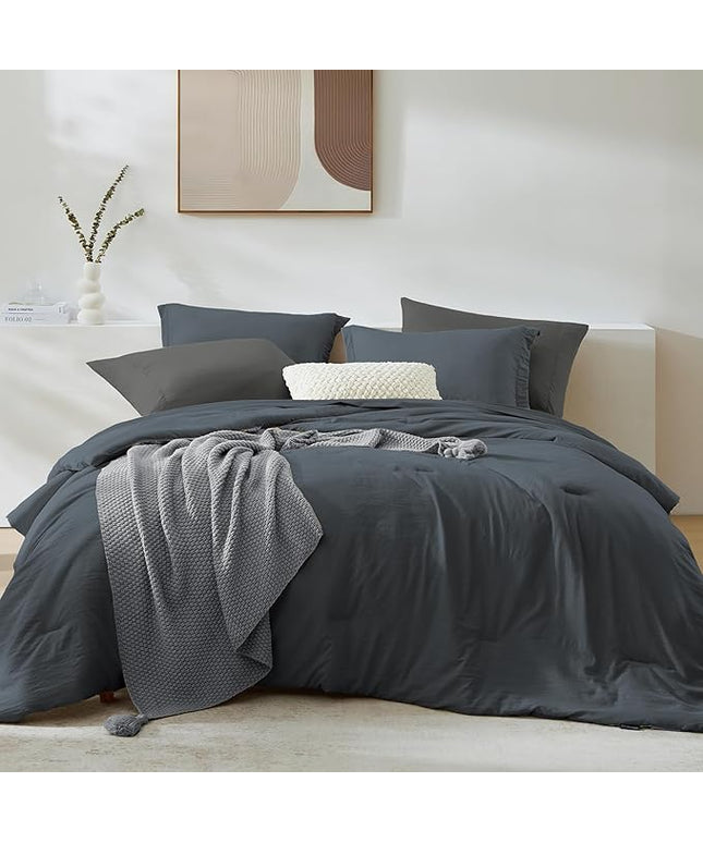 WRENSONGE Full Size Comforter Set- 7 Pieces Blue Grey Bed in a Bag Full Size Comforter with Fitted Sheet, Flat Sheet, 2 Pillow Shams, 2 Pillowcases, Warm Bedding Sets for All Season