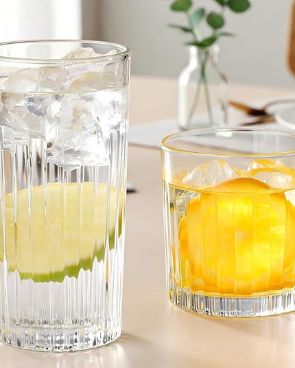 Laerjin Drinking Glasses Set of 8, 12 oz Highball Glasses & 10 oz Cocktail Glasses Set, Ribbed Glass Cups,Thick Glass Cups, Kitchen Water Glasses Cup, Bar Tumbler Glassware for Beer, Whiskey(Clear)