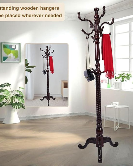 Coat Rack Freestanding with 18 Hooks, Wooden Standing Coat Racks for Entryway, Solid Wood Clothes Hanger Rack with Sturdy Round Base for Entryway, Hall, Bedroom, Office, Hallway (Triangular base)