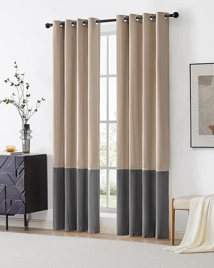 BULBUL Champagne Grey Color Block Window Curtains Panels 96 inches Long Velvet Farmhouse Drapes for Bedroom Living Room Darkening Treatment with Grommet Set of 2