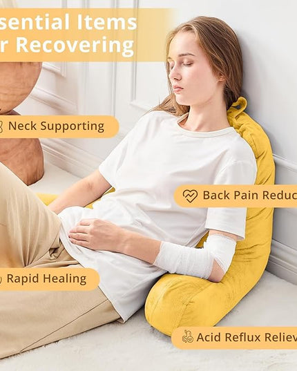 Sasttie Reading Pillow, Velvet Back Pillow for Bed Sitting Up, Adult Back-Rest Support Cushion with Arms for Sit Up on Couch, Sofa, and Floor, Dorm Essentials, Reading Accessories, Yellow