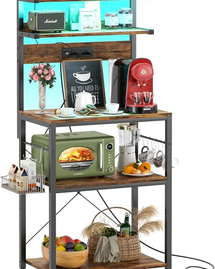 Aheaplus Bakers Rack with Power Outlet, Microwave Stand, 5 Tiers Coffee Bar Station with Led Lights, Kitchen Storage Shelf with 6 S-Shaped Hooks, Kitchen Rack for Spices, Pots and Pans, Rustic Brown