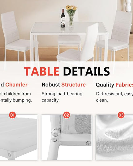 FDW | 5-Piece Dining Table Set | White | Glass Kitchen Table with 4 Upholstered Chairs and Faux Leather Cushions | Space-Saving and Modern Design | for Dining Room, Easy to Assemble