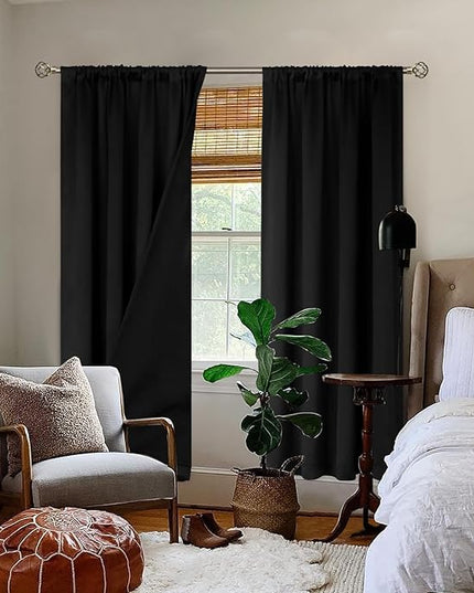 BGment 100% Blackout Curtains for Bedroom with Black Liner, Double Layer Full Room Darkening Thermal Insulated and Noise Reducing Rod Pocket Curtain (42 x 72 Inch, Black, 2 Panels)