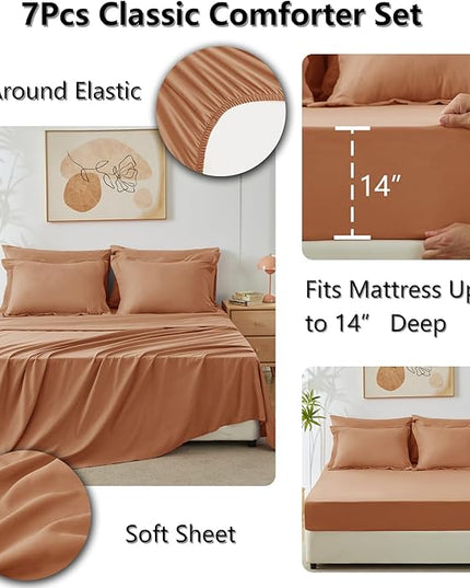 CozyLux Full Size Comforter Sets Pumpkin - 7 Pieces Bed in a Bag Full, Luxury Soft Bed Set for All Seasons, Bedding Set with Down Alternative Comforter, Sheets, Pillowcases & Shams