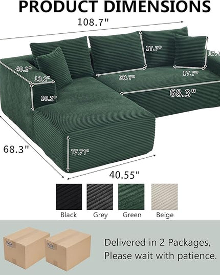 PELUMY 108.7" L-Shaped Modular Sectional Sofa with Oversized Chaise, Cloud Couch with Memory Foam, No Assembly Required Sleeper Sofa for Small Space Living Room, Apartment (Green, Corduroy)
