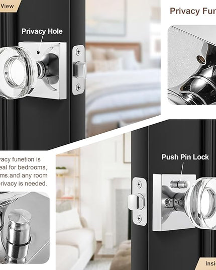 Polished Chrome Door Knobs Interior, Privacy Crystal Glass Door Knobs with Lock for Bathroom Bedroom