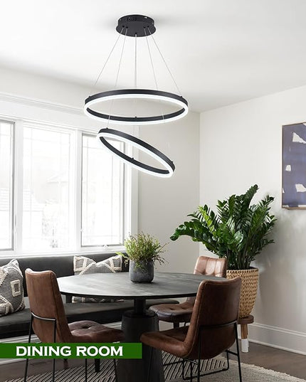 2-Rings Modern LED Chandelier Black for Dining Room, Circular Flush Mount Ceiling Chandelier Light Dimmable Pendant Light with Remote Control for Living Room Entrance Foyer, 3000K-6500K