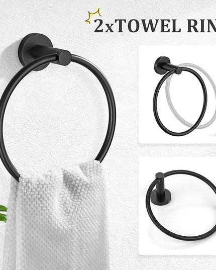 TURS Matte Black 8 Pieces Bathroom Hardware Set, SUS304 Stainless Steel 24 Inch and 20 Inch Bath Towel Bar Set, Round Bathroom Accessories Kit Wall Mounted Towel Holder