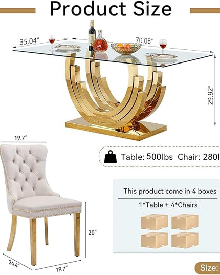 Henf 5-Piece Glass Dining Table Set with 4 Upholstered Dining Chairs,Large Glass Dining Room Table Set for 4, Modern Kitchen Table Furniture for Dining Room, Gold Dining Table and Chair Set for 4