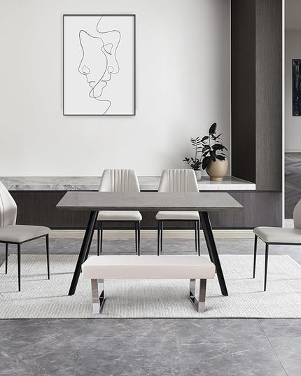 ZckyCine Modern 6-Piece Dining Table Set with Rectangular Wooden Dining Table, 4 Leather Dining Chairs and 1 Leather Stool, Suitable for 4-6 People