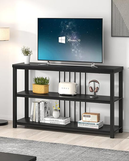FOLUBAN Entryway Table, Modern Sofa Console Table with 3 Tier Storage Shelf for Living Room Hallway Foyer, Industrial Black Oak
