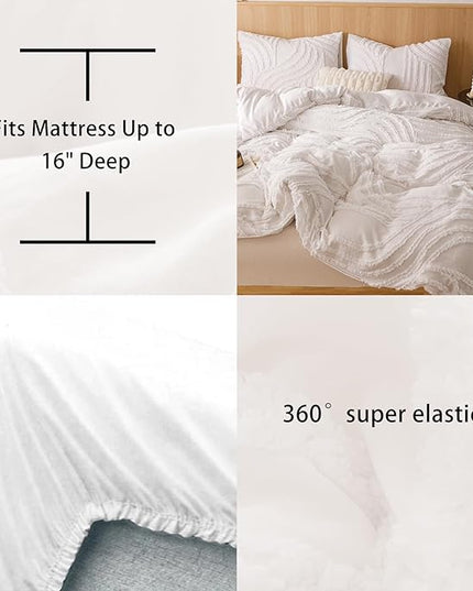 Ivory Queen Comforter Set - 7 Pieces Bed in a Bag, Premium Comforters Queen Size Bed Set Tufted Shabby Chic Bedding Comforter Set with Flat Sheet, Fitted Sheet and Pillowcases,White