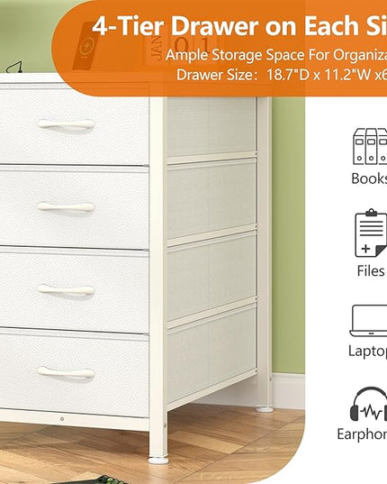50 Inch White Computer Desk with 8 Drawers, Home Office Desk with Power Outlets, Work Study Gaming Desk with 8 Fabric Drawers, White