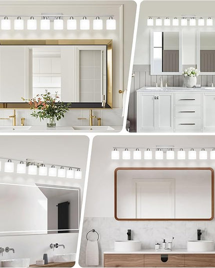 Brushed Nickel Bathroom Vanity Light for Giant Mirror, 10 Light Brushed Nickel Vanity Lights, 65 inch Wall Lamps for Bedroom for Mirrors with Milky White Frosted Glass Shades, E26