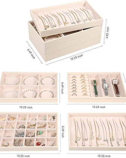 LANDICI Stackable Jewelry Organizer Trays 4 Set,PU Leather Jewelry Organizer Drawer,Jewelry Storage Display Tray for Earring Necklace Rings Bracelet with Removable Dividers,Apricot
