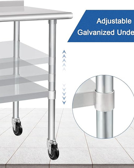 HARDURA Stainless Steel Table 24 x 30 Inches with Wheels Casters NSF Heavy Duty Commercial Prep Table with 2” Backsplash and Adjustable Undershelf for Restaurant Kitchen Home and Hotel
