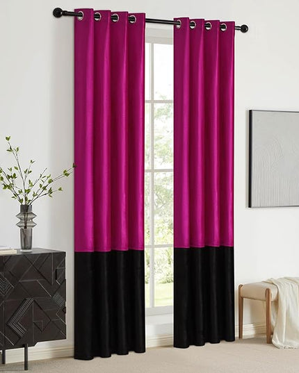 BULBUL Color Block Window Curtains Panels 63 inches Long Hot Pink Black Velvet Farmhouse Drapes for Bedroom Living Room Darkening Treatment with Grommet Set of 2