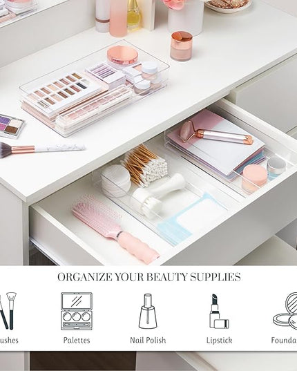 STORi SimpleSort 3-Piece Stackable Clear Drawer Organizer Set | 12" x 6" x 2" Rectangle Trays | Wide Makeup Vanity Storage Bins and Office Desk Drawer Dividers | Made in USA