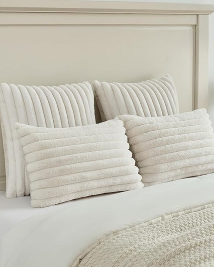 FUTEI Cream Throw Pillow Covers Set of 2, 18x18 Inch Striped Texture Cushion Cases with Soft Faux Rabbit Fur Front & Velvet Back, Modern Decorative Couch Pillows for Living Room