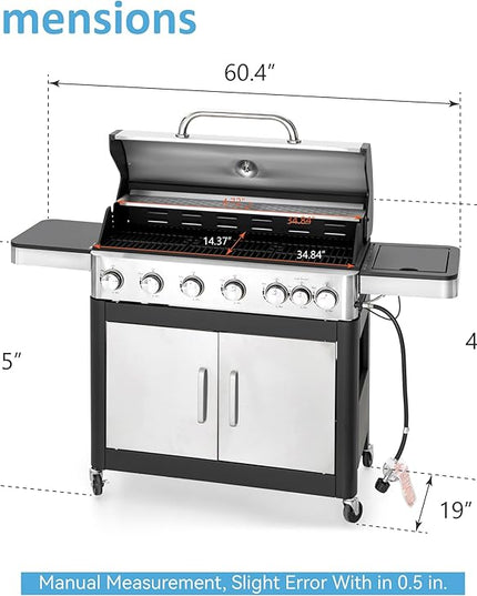 6 Burner Propane Gas BBQ Grill with Side Burner & Porcelain-Enameled Cast Iron Grate, 65,800 BTUs Barbecue Grill 665 Sq. In. Grilling Area, Outdoor Propane Grill for Camping Patio Backyard Cooking
