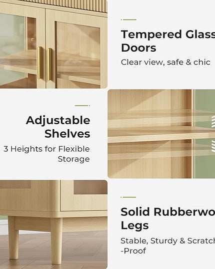 IRONCK 59'' Sideboard Buffet Cabinet with Drawers, Modern Kitchen Storage Cabinet with Adjustable Shelves and Tempered Glass Doors, Wood Coffee Bar for Kitchen, Living Room, Oak