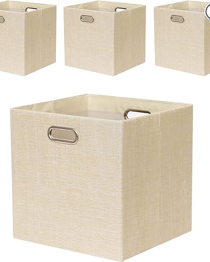 Cube Storage Bins 13×13 Inch Linen Foldable Box with Handles, Collapsible Organization Basket Set of 4 Large Capacity Drawer for Closet Shelf Cabinet Bookcase Bedroom, Beige