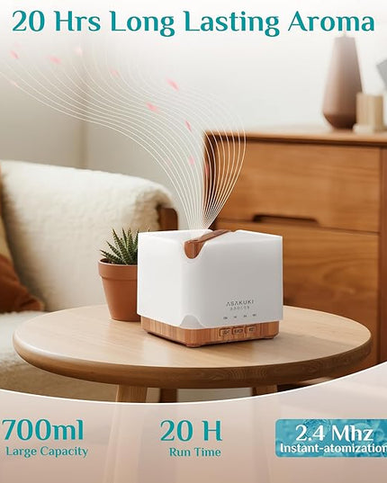 ASAKUKI Essential Oil Diffuser 700ml, Ultrasonic Aromatherapy Humidifier with Top 6 Essential Oils Set, 7 LED Colors, Timer & Auto-Off, Large Room Diffuser