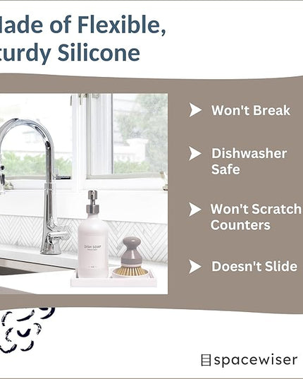Countertop and Vanity Tray - Small 7.7” Silicone Tray for Soap Dispenser, Bathroom Trays, Dish Soap Trays for Kitchen Counter, Sink Caddy Sinks Organizer, Soaps Dish & Sponge Holder, White