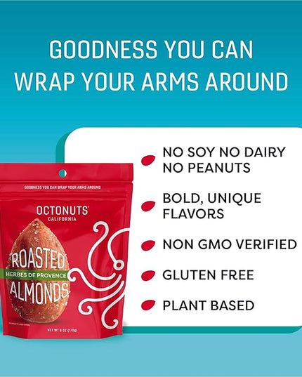 Octonuts Dry Roasted Herbes de Provence Almonds – 16oz Resealable Bag - Healthy Snack for Adults and Kids - Plant Protein with Fiber, Calcium & Iron - Low Carb, Low Calorie - Non-GMO, Gluten Free Snacks