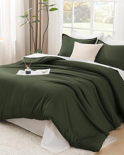 Litanika Dark Olive Green Comforter Set Full, 3 Pieces Solid Bedding Comforter Set, All Season Fluffy Bed Set (79x90In Comforter & 2 Pillowcases)
