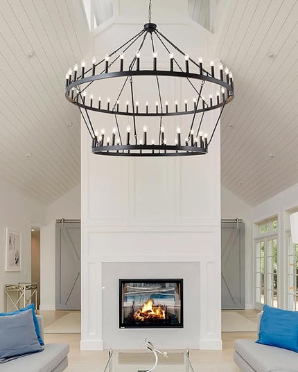 Wagon Wheel Chandelier Farmhouse 2 Tier 64-Light 70-Inch, Black Industrial Chandelier Rustic Candle Pendant Light Fixture Extra Large for High Ceilings, Dining Room, Living Room, Foyer, E12