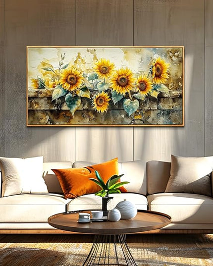 ERQINHUA Large Wall Decor Canvas Painting Wall Art For Living Room Decor Vintage Yellow Sunflower Painting Wood Frame DecorPrint Artwork For Dining Room Bedroom Bathroom Kitchen Home Decor 24x48 In