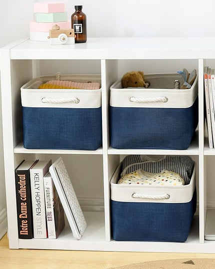 TheWarmHome Collapsible Storage Bin for Shelves - Large 3 Pack 16x12x8 inch Storage Basket for Organizing with Handles, Canves Storage Box for Organizer Toy Closet Cloth Gift (White & Jean Blue)