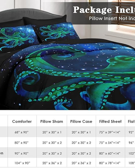 Comforter Set Full Size, Blue Octopus Sea 7 Pcs Bedding for Kids and Adults, Space Colorful Star Bed Sheet Sets with Fitted Sheet 2 Pillowcases & 2 Shams for Bedroom Bed Decor