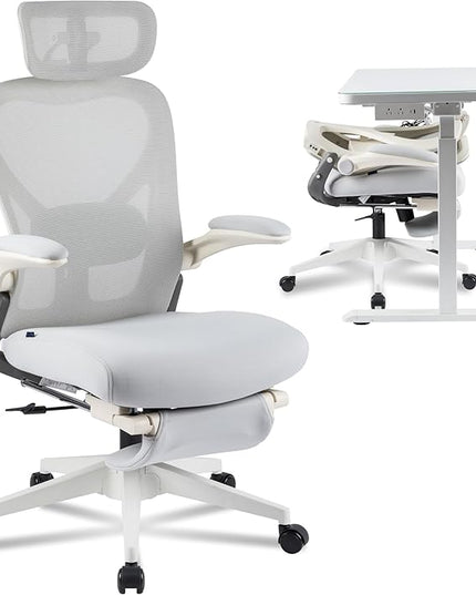 FLEXISPOT Foldex Ergonomic Office Chair, Folding Chair for Small Spaces with Lumbar Support, Flip-up Armrests, 3D Headrest, Desk Chairs with Footrest for Work,Video Game (Foam Seat, Grey)