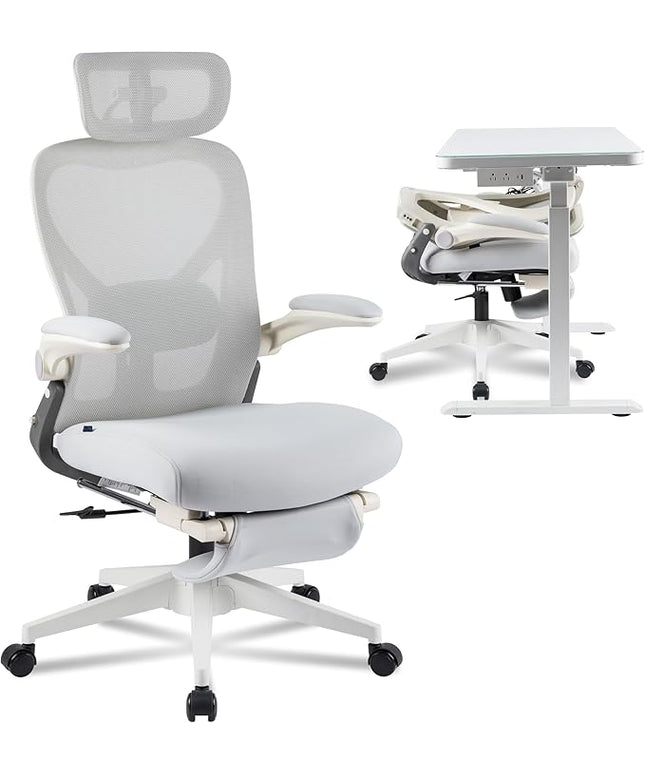 FLEXISPOT Foldex Ergonomic Office Chair, Folding Chair for Small Spaces with Lumbar Support, Flip-up Armrests, 3D Headrest, Desk Chairs with Footrest for Work,Video Game (Foam Seat, Grey)