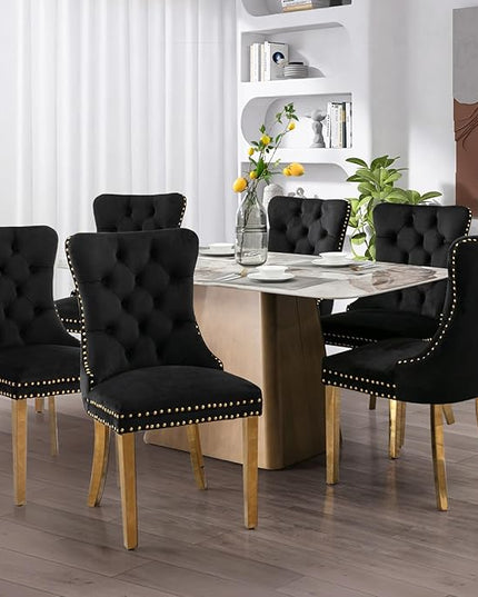 SoarFlash Velvet Dining Chair Set of 8, Upholstered Tufted Dining Room Chair with Nailhead Trim and Solid Gold Plated Leg for Kitchen (Black)