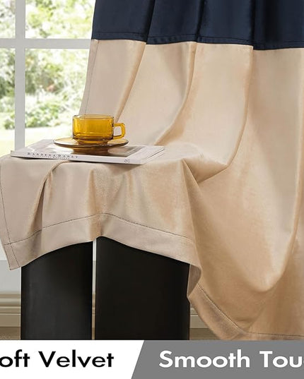 BULBUL Color Block Window Curtains Panels 108 inches Long Navy Blue Champagne Velvet Farmhouse Drapes for Bedroom Living Room Darkening Treatment with Grommet Set of 2