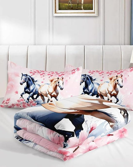 Horse Comforter Set Kids Bedding King Size,Pink Cherry Blossom Bedding Set for Girls Boys Teens Bedroom Decor Aesthetic,Galloping Horse Bedding Comforter Sets with 2 Pillowcases.
